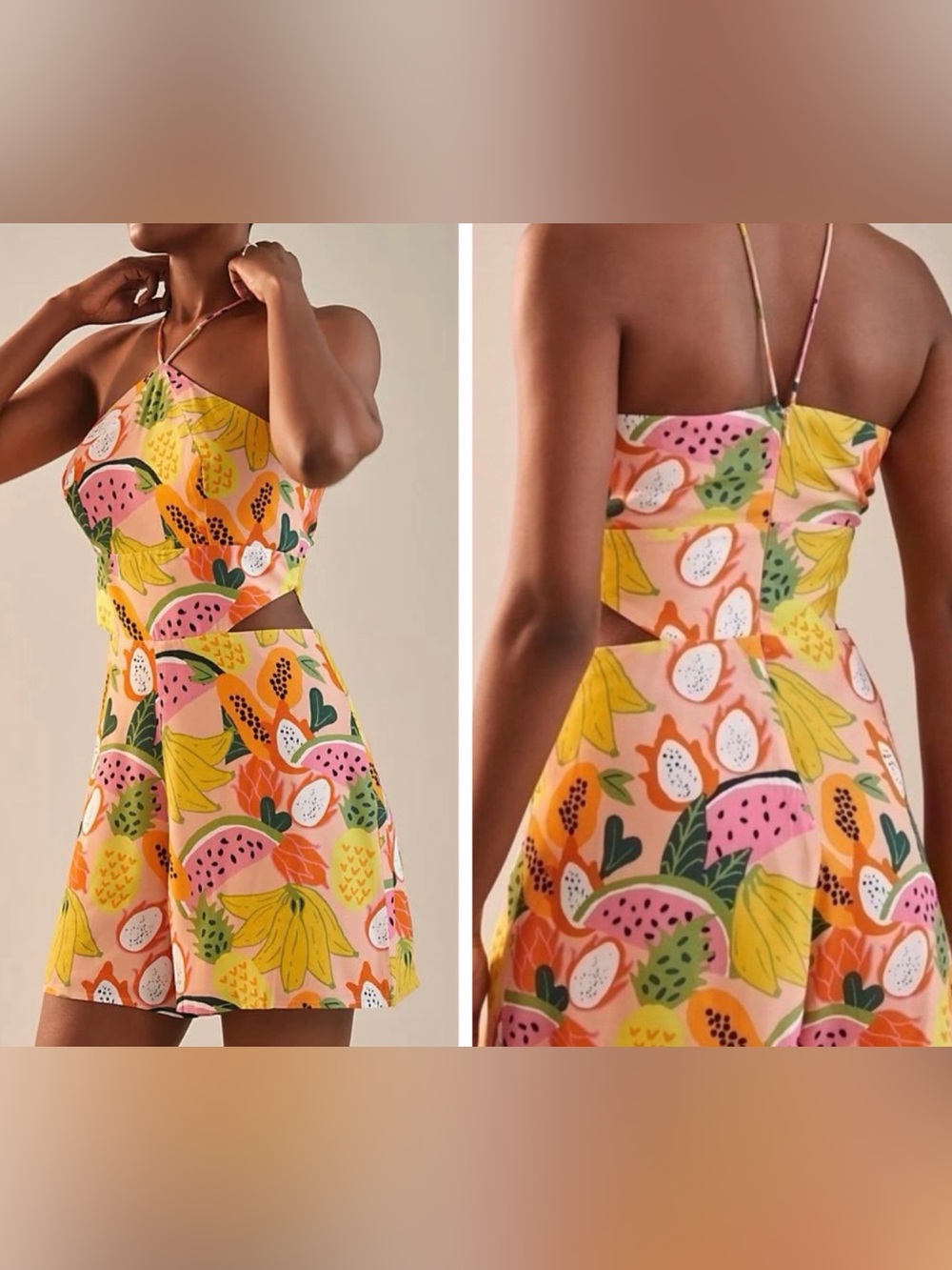 Anthropologie Hutch Tropical Fruit Halter Cutout Romper